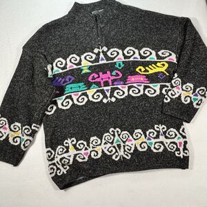 VINTAGE Kitty Hawk 80s Ski Sweater Zip Mock Neck Gray Native Design